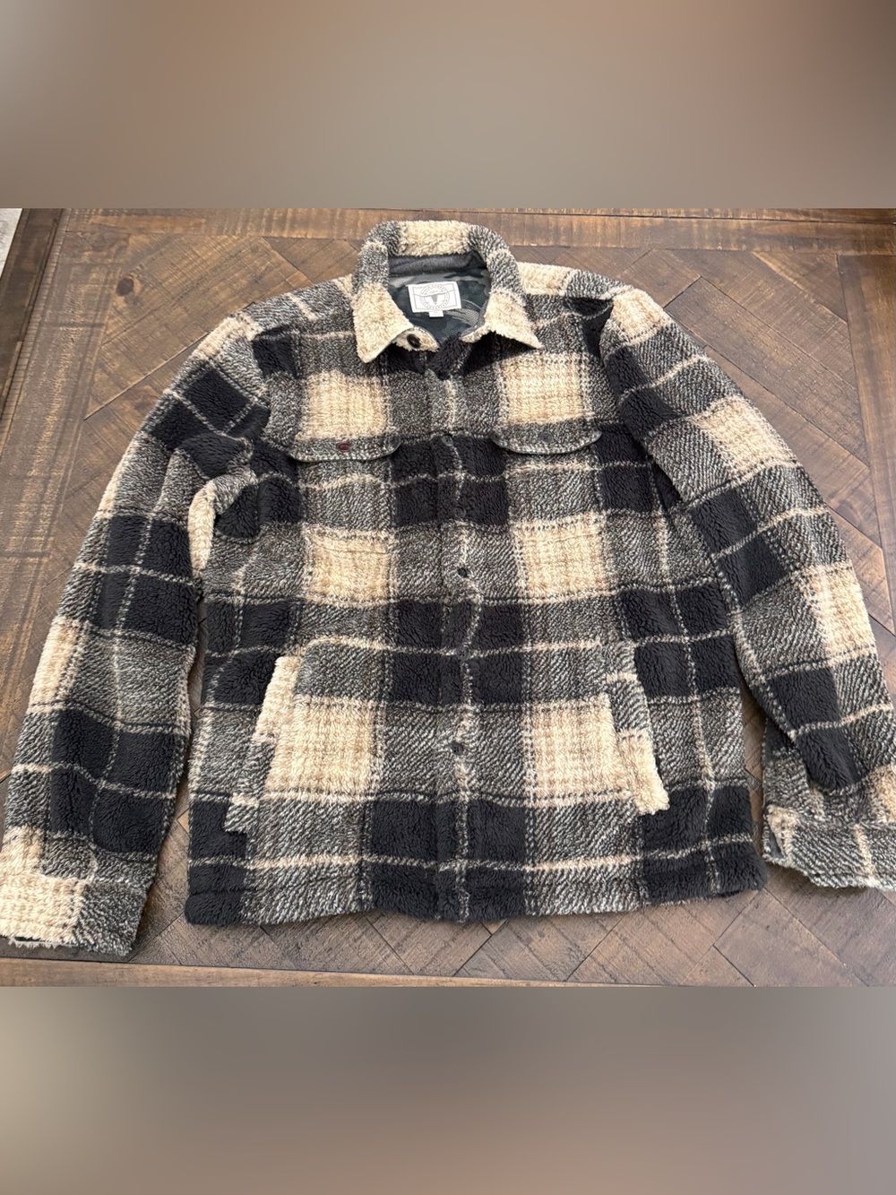 Plaid Sherpa Shirt Jacket in Black and Cream